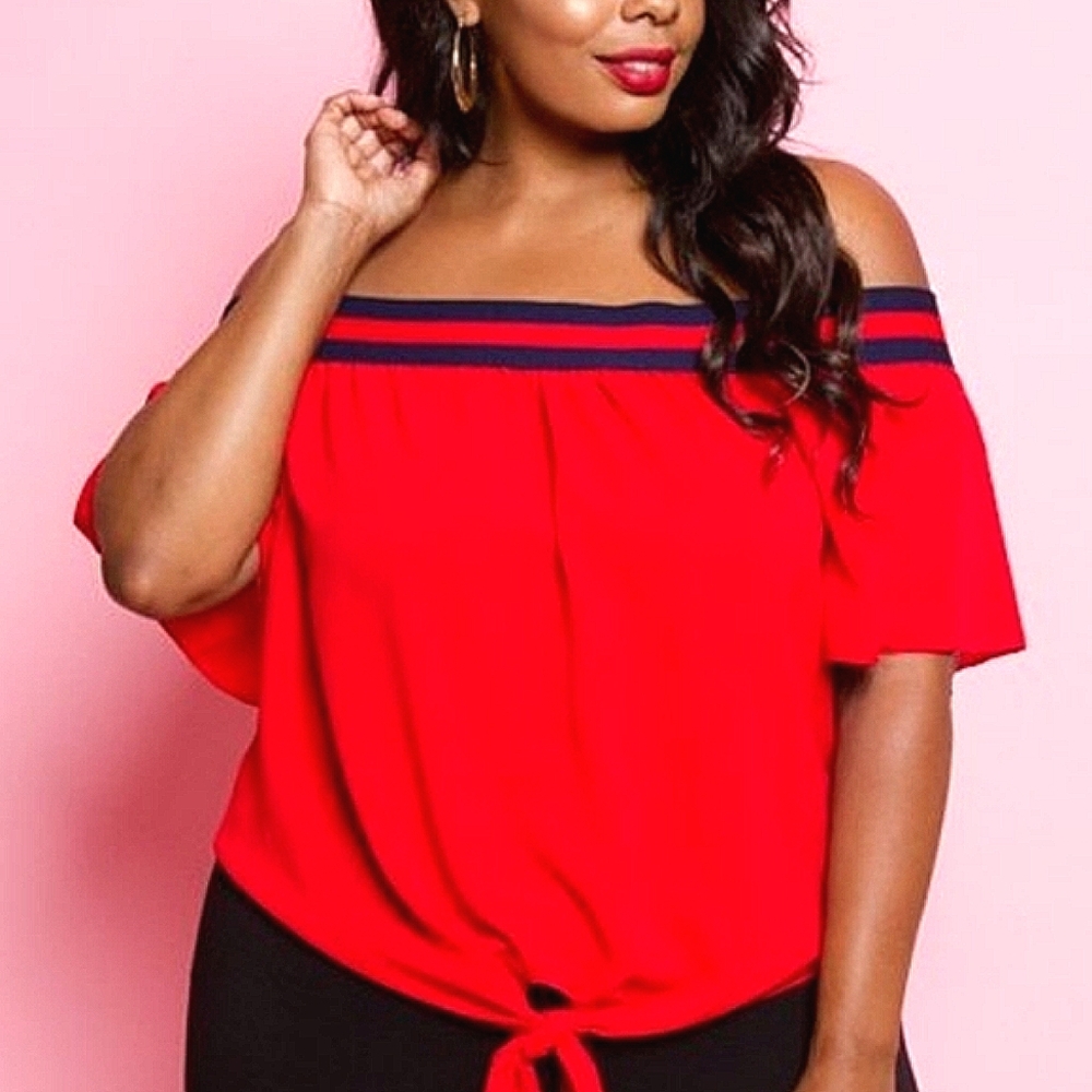 Bubble B. Off Shoulder Red And Navy Blue Light Top Blouse